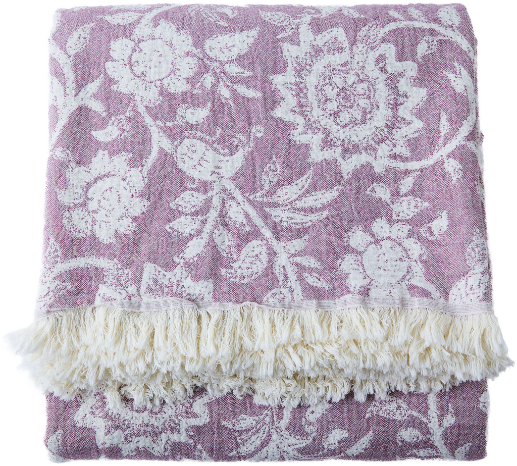 Tagesdecke Baumwoll Tuch rosé mit gewebten Blütenranken