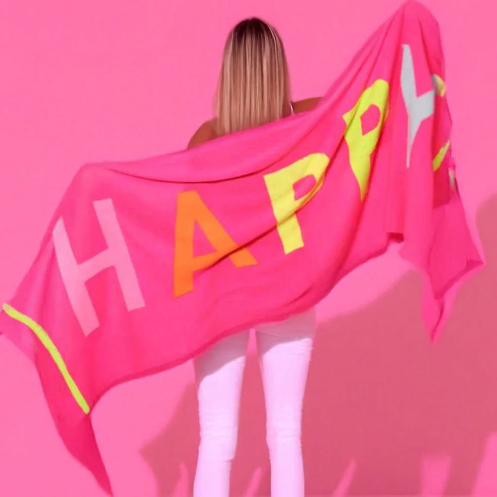 Luxuriöser Cashmere Schal mit mehrfarbigen Designelementen, Fair Trade - grosses Cashmere Plaid mit buntem Schriftzug- verschiedene Farben - kamah yoga and style