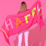 Luxuriöser Cashmere Schal mit mehrfarbigen Designelementen, Fair Trade - grosses Cashmere Plaid mit buntem Schriftzug- verschiedene Farben - kamah yoga and style