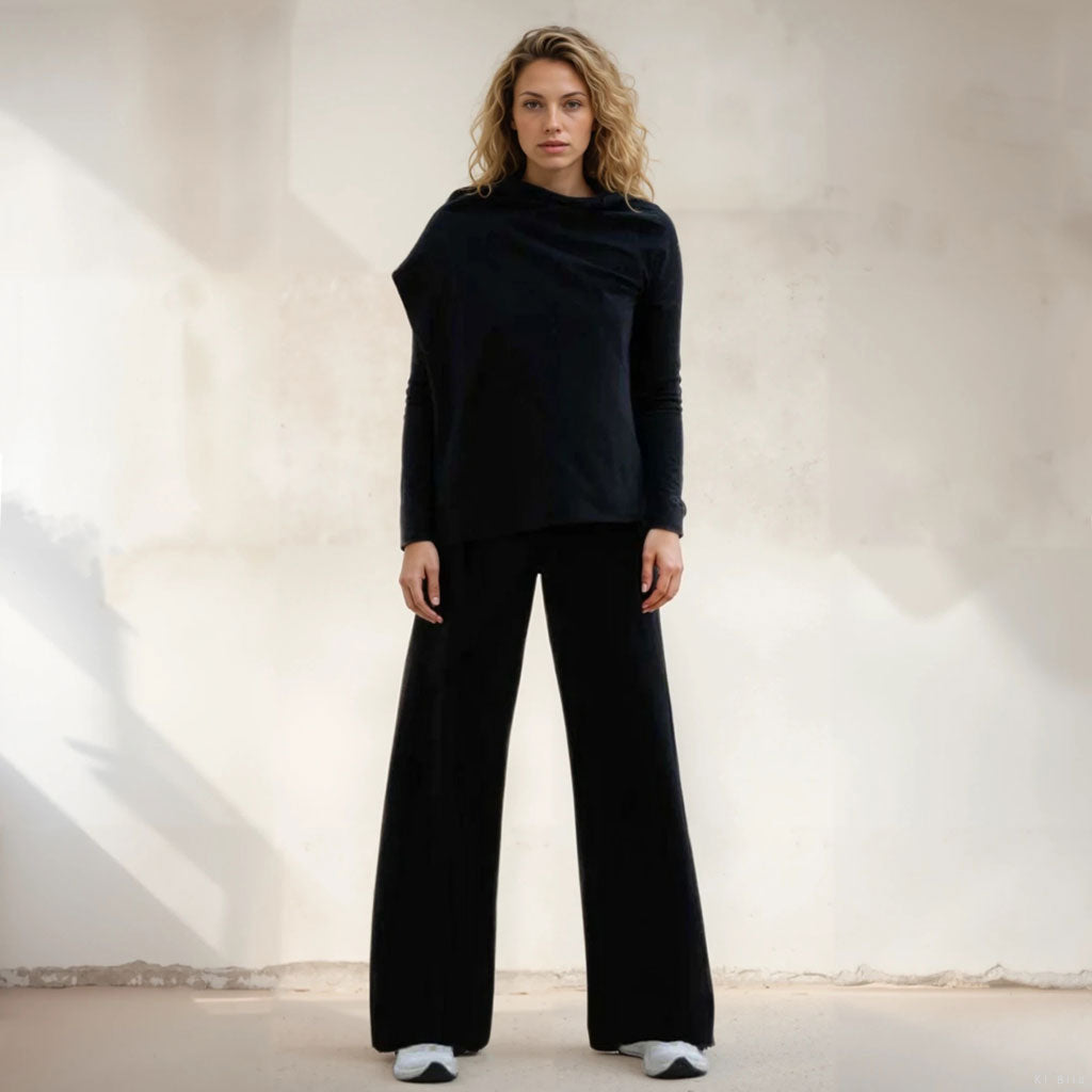 Lange weite Yoga Hose ZEN LONG, Marlenehose, Farbe charcoal | kamah - Yoga Pant mit Umschlagbund ZEN LONG - Farbe charcoal - kamah yoga and style