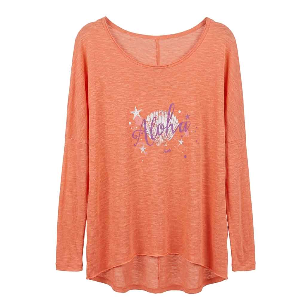 Langarmshirt MELODY, Farbe offwhite, Viskose, Leinen | kamah - Lounge-Shirt "Melody Aloha"- neon purple - Lässiges Langarmshirt mit Print - kamah yoga and style