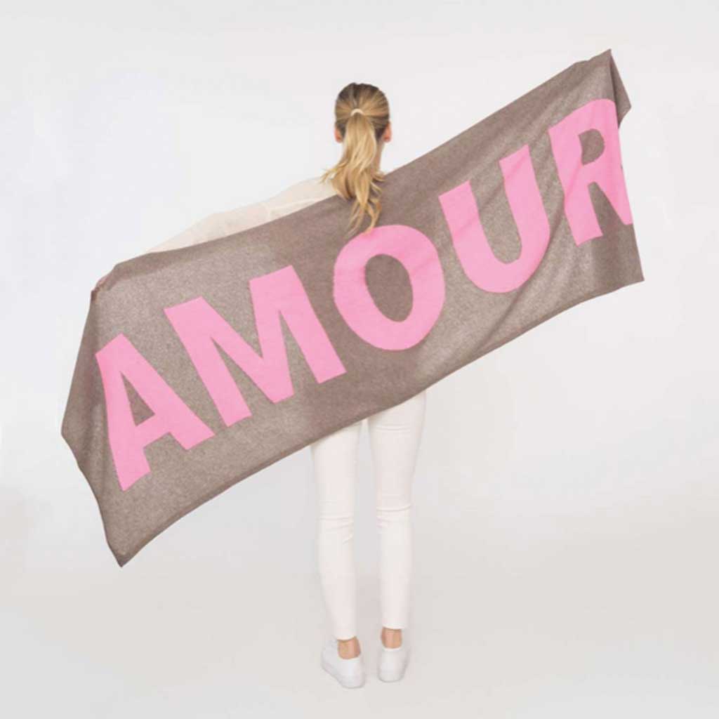 Luxuriöser Cashmere Schal mit mehrfarbigen Designelementen, Fair Trade - grosses Cashmere Plaid mit buntem Schriftzug- verschiedene Farben - kamah yoga and style