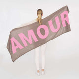 Luxuriöser Cashmere Schal mit mehrfarbigen Designelementen, Fair Trade - grosses Cashmere Plaid mit buntem Schriftzug- verschiedene Farben - kamah yoga and style