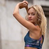 active Yoga and sports bustier top w. allover print "Mystique" on Austrian actress Valerie Huber