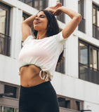 Yoga Shirt "Amina", white - weites Shirt mit Tunnelzug  Modelbild