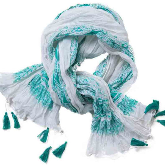 Baumwollschal mit Paisleymuster, weiß/grün