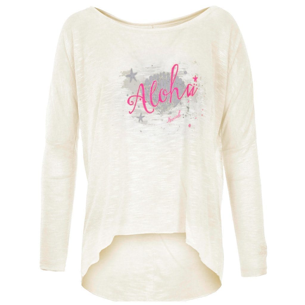 Langarmshirt MELODY, Farbe offwhite, Viskose, Leinen | kamah - Lounge-Shirt "Melody Aloha", offwhite - Lässiges Langarmshirt mit Print - kamah yoga and style